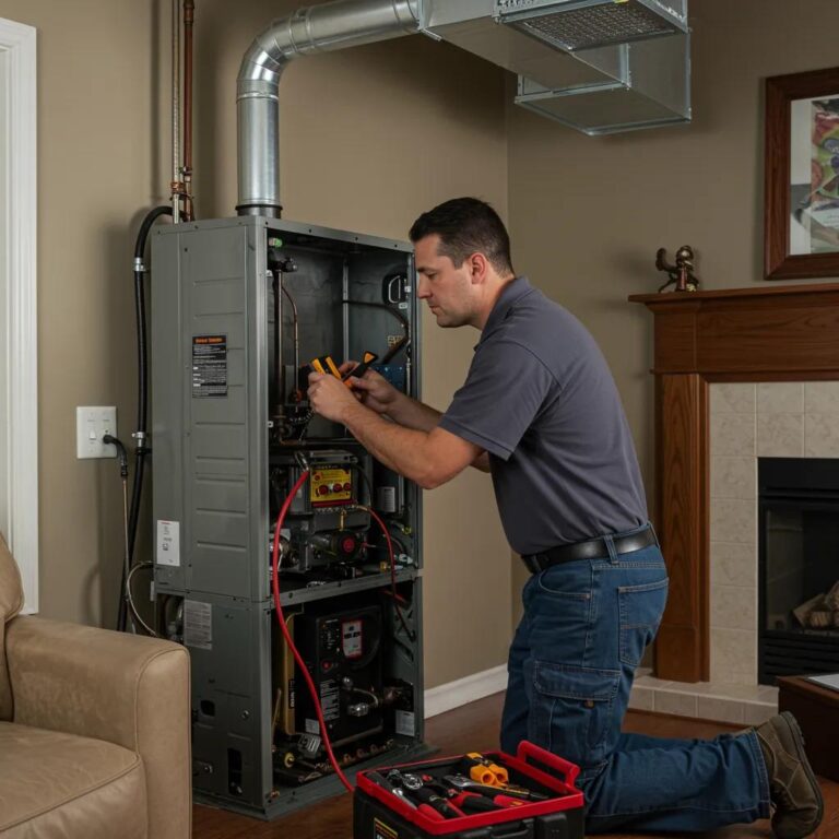 HVAC technician repairing a heating and cooling system in a home, emphasizing emergency repair services