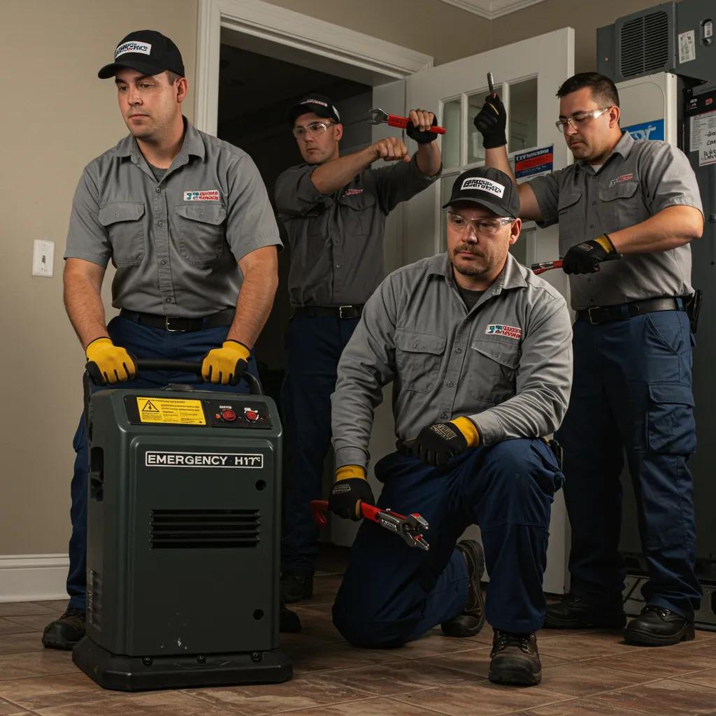 HVAC technicians working together on emergency repair services in a home, showing teamwork and urgency