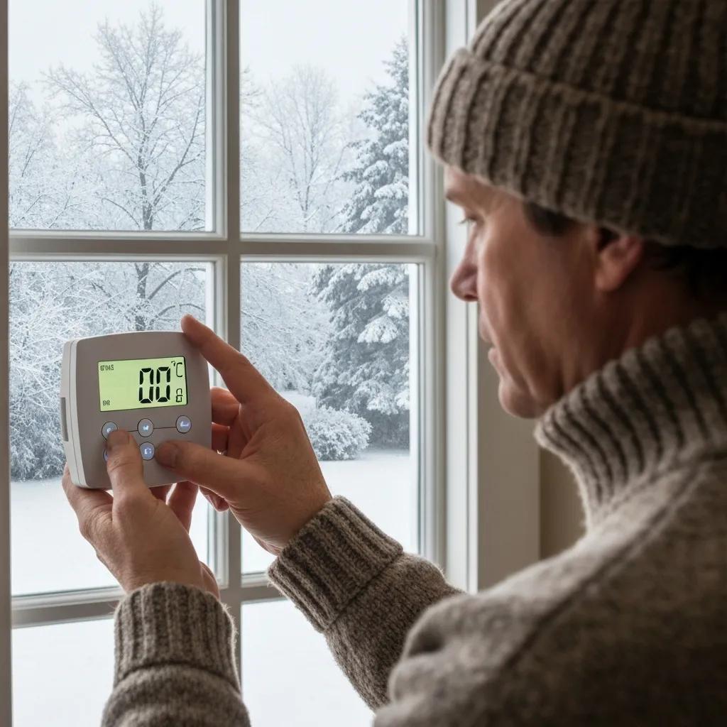 Homeowner checking a thermostat inside on a cold day&mdash;common troubleshooting for a furnace blowing cold air