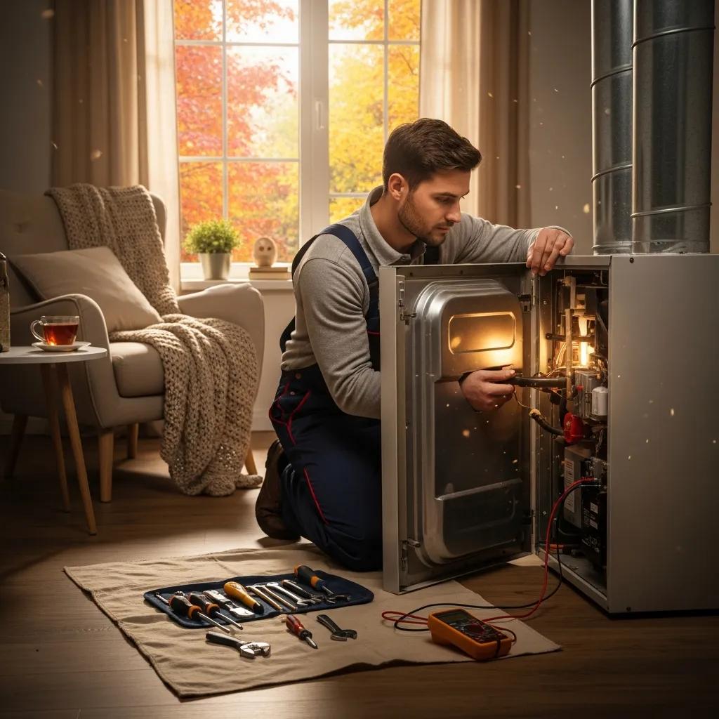 Technician performing a fall furnace inspection in a warm, inviting home