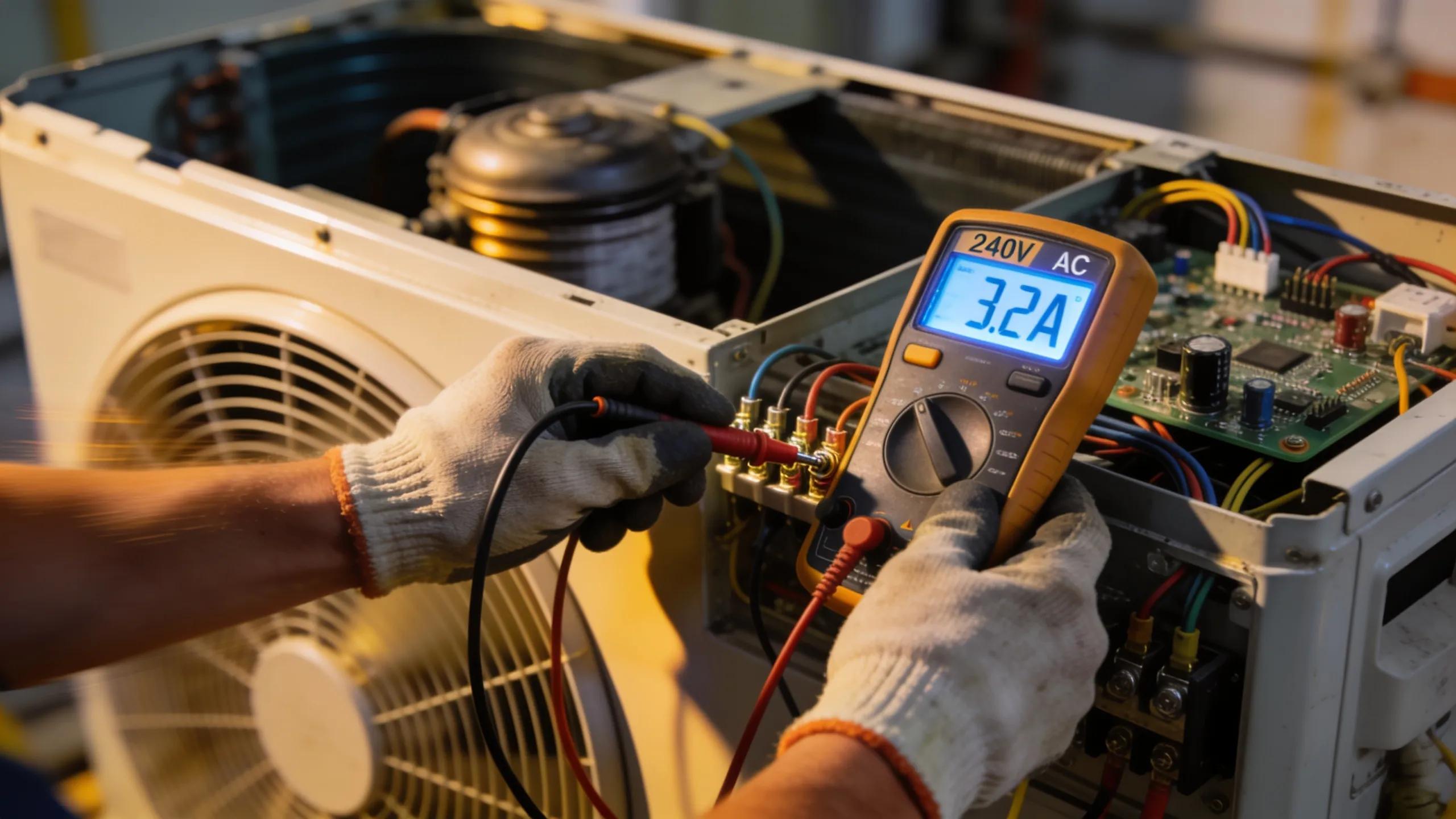 Technician testing air conditioning electrical components with multimeter
