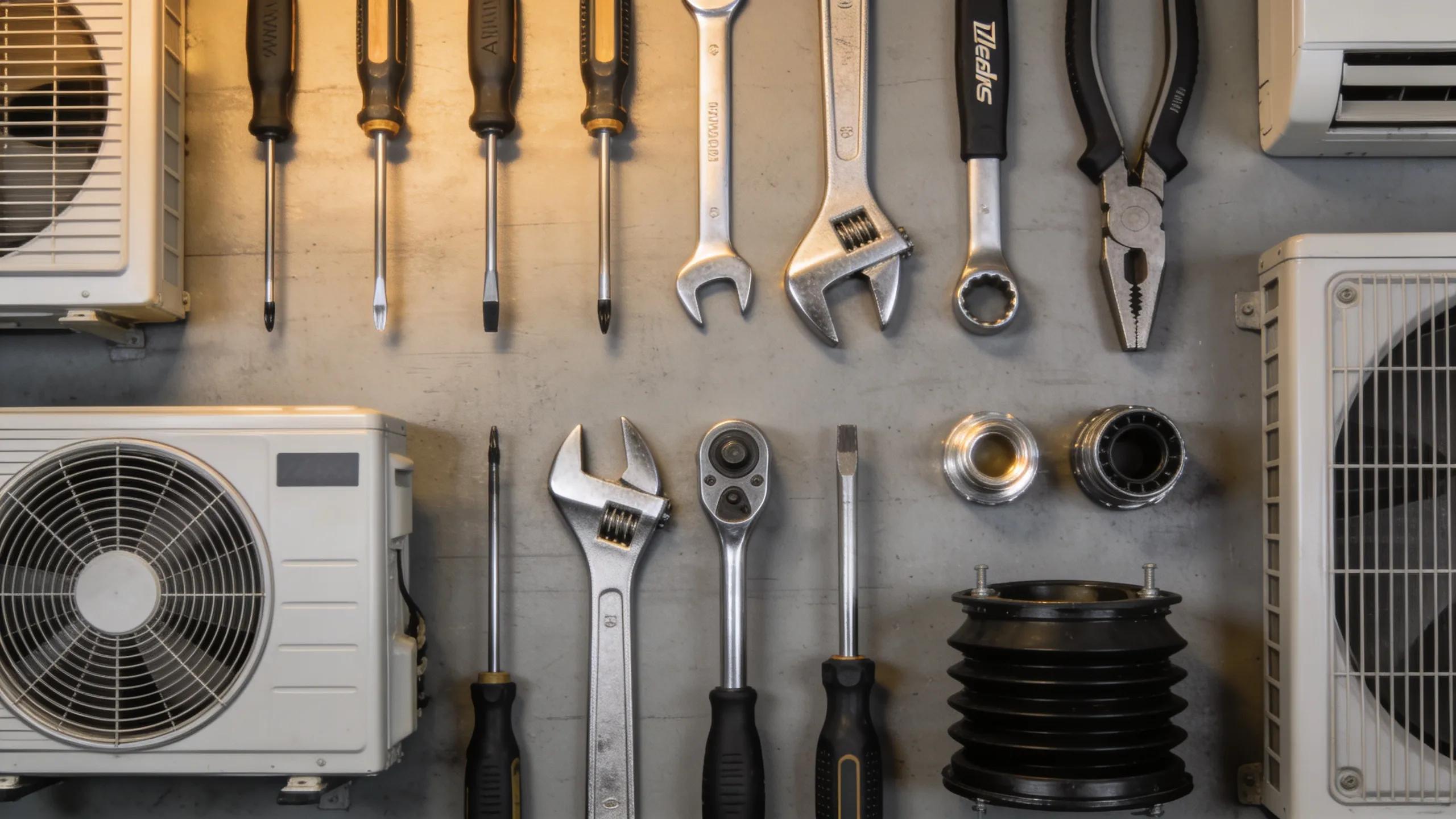 Tools for air conditioning repair solutions displayed on a workbench