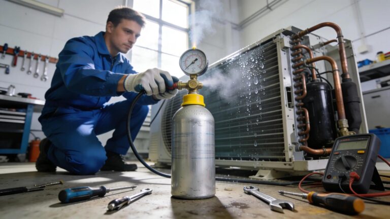 Professional air conditioning maintenance image highlighting tools and unit service