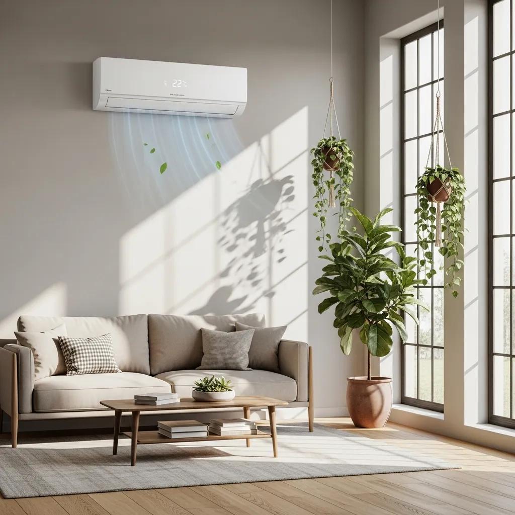 Energy-efficient air conditioning unit in a bright living room, showcasing comfort and modern design