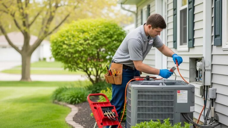 Technician performing a spring AC tune-up on a residential unit in Traverse City