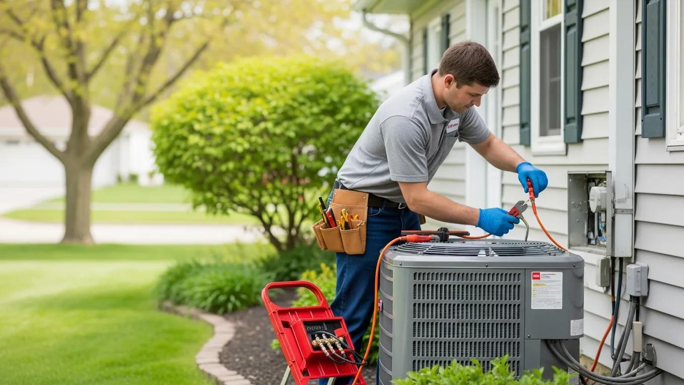 Technician performing a spring AC tune-up on a residential unit in Traverse City