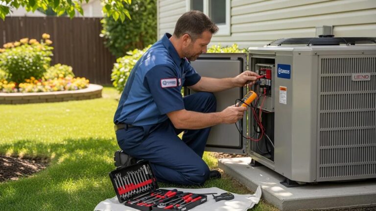 Technician performing HVAC maintenance in a residential setting